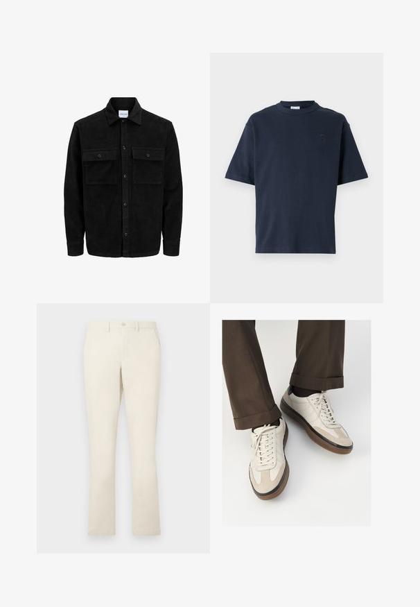 Čierna kordúrová bunda s gombíkmi, dvoma prednými vreckami so záklopkou a klasickým golierom, dlhými rukávmi a ryhovanou textúrou.; Námornícky modrý tričko s krátkym rukávom vyrobené z bavlny. Má okrúhly výstrih a jemné logo na hrudi. Priamy strih bez vzorov.; Béžové bavlnené chinos nohavice s rovnými nohavicami, so zapínaním na gombík a dvoma bočnými vreckami. Hladký povrch s čistým zakončením.; Béžové tenisky s textúrovanou zamšovou prednou časťou, hladkými koženými bočnými stranami a hnusou gumovou podrážkou. Obsahujú šnúrky a svetlé stehy ako detail.
