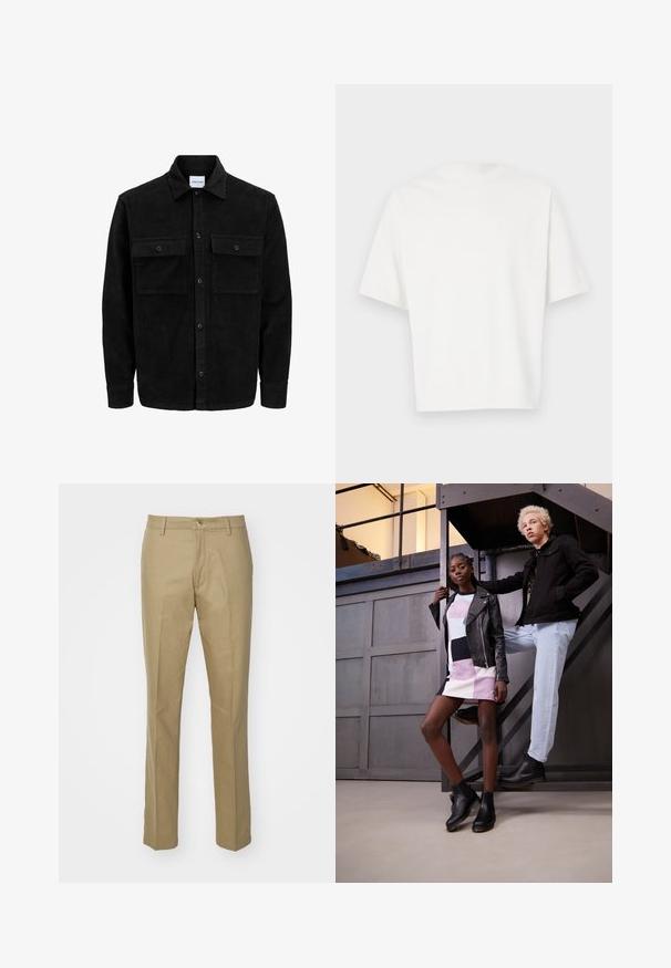 Zwarte corduroy knopenjack met twee voorste klepzakken en een klassieke kraag, lange mouwen en ribbelstructuur.; Witte t-shirt met korte mouwen, gemaakt van zachte stof. Ronde halslijn, relaxte pasvorm en een eenvoudig ontwerp zonder versieringen of patronen.; Khaki broeken gemaakt van een katoenmix, met een rechte pasvorm, zichtbare frontzakken, een ritssluiting en een klassieke tailleband met een enkele knoop.; Twee modellen poseren op een metalen trap. De een draagt een zwart leren jasje over een veelkleurige gestreepte jurk en zwarte enkelboots. De ander heeft een zwart jasje, lichte jeans en zwarte laarzen aan.