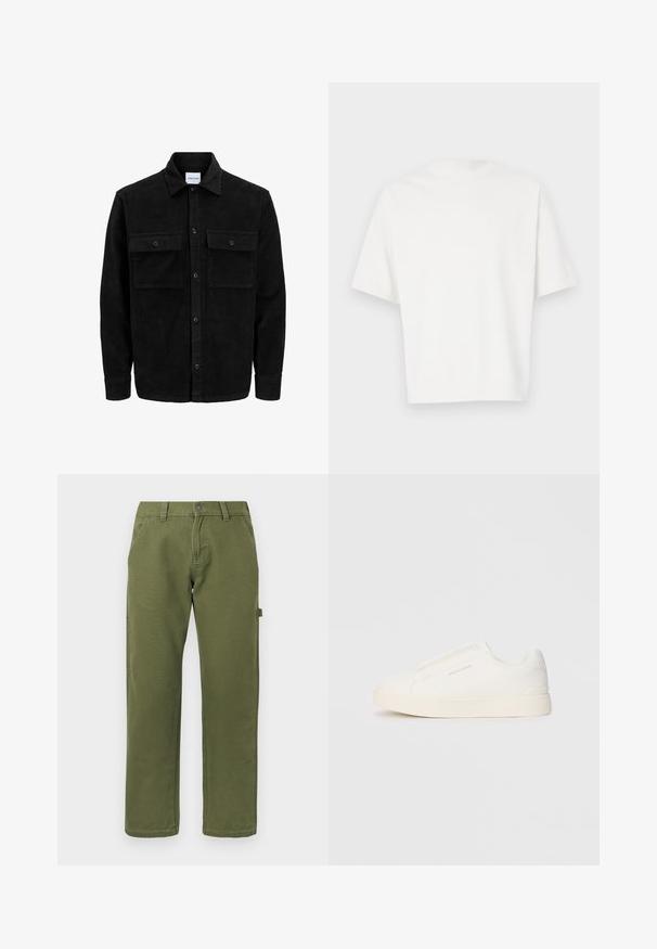 Mustmustöös nupuga jope, millel on kaks eesmist klapiga taskut ja klassikaline kaelus, pikad varrukad ning ribakujuline tekstuur.; Valge lühikeste varrukatega T-särk, mis on valmistatud pehmest kangast. Ümar kaelus, mugav lõige ja lihtne disain ilma kaunistuste või mustriteta.; Sirgeda oliivirohelised püksid, millel on esikäekotid, vöökonesed, nööbikinnitus ja külgkottide aas, lihtsa tausta peal.; Valged libisemiskindlad tossud tekstuuriga pinnaga, paksu tallaga ja minimalistikus disainis. Küljel on brändi logo.
