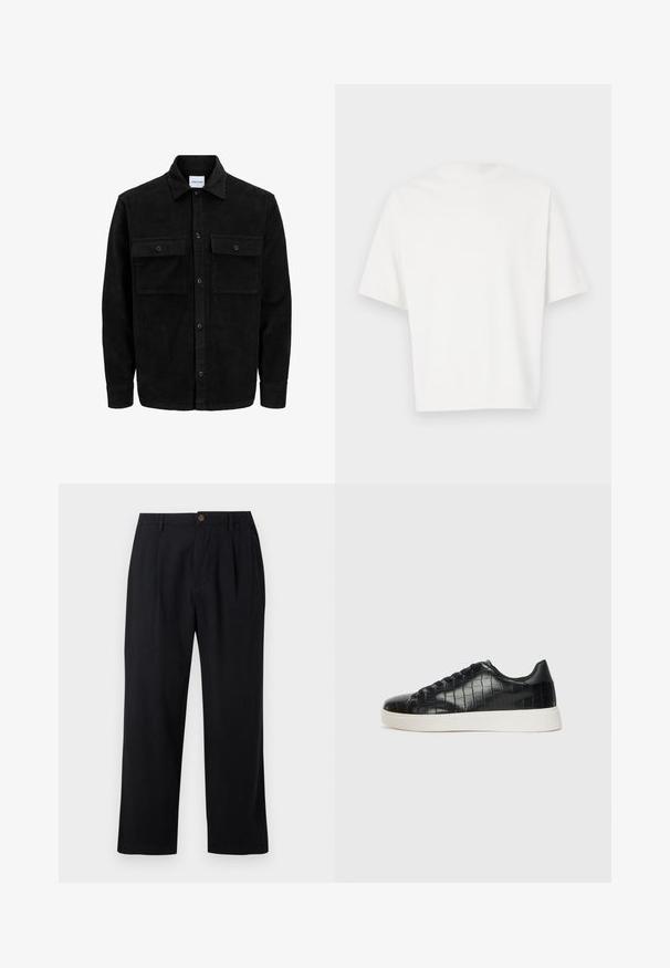 Svart kordflodjacka med knappar, två framfickor med klaff och klassisk krage, långa ärmar och ribbad textur.; Vit t-shirt med kort ärm i mjukt material. Rund halsringning, avslappnad passform och enkel design utan dekorationer eller mönster.; Svarta byxor i ett lättviktigt tyg med veckad front, raka ben och en enda brun knapp vid midjan.; Svarta sneakers med en texturerad läderöverdels i krokodilprägling, rund tå och en kontrasterande vit gummisula med en slät yta.