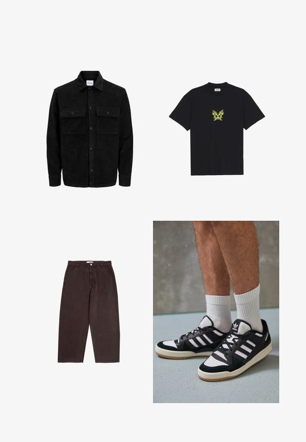 Czarna kurtka z korduru z guzikami, z dwoma przednimi kieszeniami na klapki oraz klasycznym kołnierzem, długimi rękawami i ryżowym splotem.; Czarna bawełniana koszulka z małym graficznym motywem żółtego motyla w kształcie płomienia na piersi. Okrągły dekolt, krótkie rękawy.; Ciemnobrązowe, szerokie dżinsy wykonane z denimu, z zapięciem na guziki z przodu, pętlami na pasek oraz bocznymi kieszeniami o gładkiej fakturze.; Czarno-białe sneakersy z zamszową i skórzaną cholewką, z trzema białymi paskami, perforowanym czubkiem i gumową podeszwą w kolorze gumy.