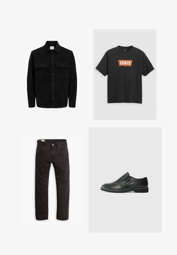 Crni kožni kord jakna na dugmad s dva prednja džepa s preklopom i klasičnim ovratnikom, dugim rukavima i rebrastom teksturom.; Crna pamučna majica s velikim narančastim Levi's logotipom sprijeda, kratkim rukavima i okruglim izrezom.; Crne traperice s ravnim krojem, s klasičnim dizajnom s pet džepova, suptilnim šavovima i metalnim kopčanjem.; Crne kožne cipele na sklapanje s glatkom gornjom površinom, prošivenim detaljima, zaobljenim vrhom i niskim gumene potplate. Potplat ima minimalne uzorke.