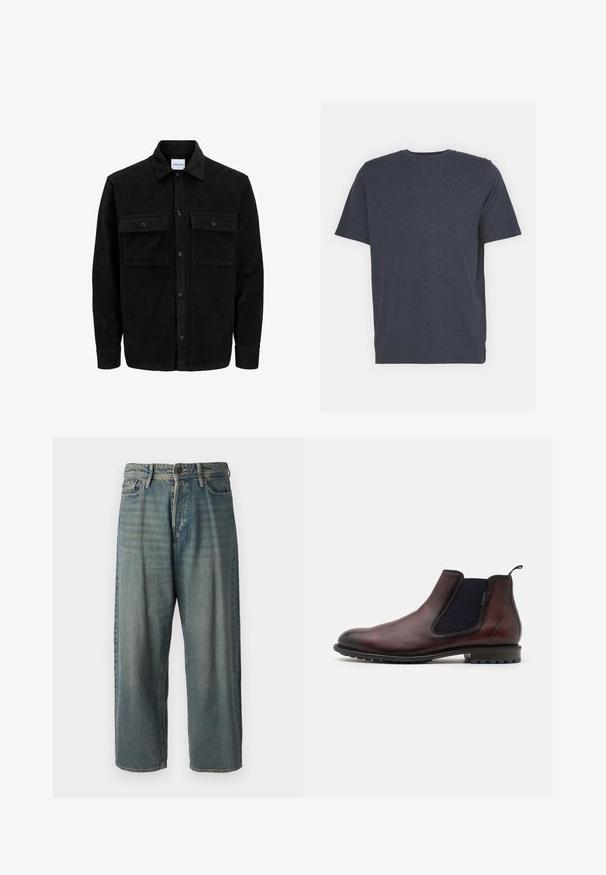 Jachetă din catifea neagră, cu butoni, două buzunare frontale cu clapetă și un guler clasic, mâneci lungi și textură ribbed.; Tricou albastru marin cu guler rotund, fabricat dintr-un amestec de bumbac moale, cu mâneci scurte și o croială obișnuită. Fără modele sau accente vizibile.; Jeans din denim bleu deschis, cu o croială lejeră, talie medie și picioare drepte. Au cinci buzunare, bucle pentru curea și închidere cu nasture.; Cizma Chelsea din piele maro, cu panouri laterale elastice, vârf rotund și o talpă exterioară texturată din cauciuc negru. Finisaj neted cu o strălucire subtilă.