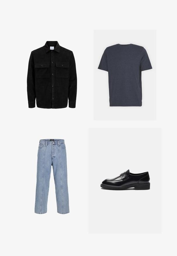 Jachetă din catifea neagră, cu butoni, două buzunare frontale cu clapetă și un guler clasic, mâneci lungi și textură ribbed.; Tricou albastru marin cu guler rotund, fabricat dintr-un amestec de bumbac moale, cu mâneci scurte și o croială obișnuită. Fără modele sau accente vizibile.; Jeans din denim de culoare albastră deschisă, cu o croială lejeră, picioare largi și detalii de cusătură vizibile. Caracteristică un sistem de închidere cu nasture și fermoar, precum și cinci buzunare.; Zign LEATHER - Pantofi slip-on eleganți - black
