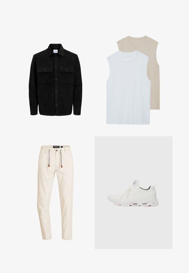 Svart kordfløyels knappjakke med to frontlommer med klaff og klassisk krage, lange ermer og ribbet tekstur.; To skjorter uten ermer: en hvit og en lys beige. Begge har rund hals og er laget av myk, glatt stoff med en uformell passform.; Beige bomullsbukser med rett fasong, med strikk i livet og svart-hvite detaljer, samt front- og baklommer.; Hvite atletiske sko med et teksturert strikket overdel, flate snører og en polstret såle med synlige luftkamre for ekstra støtte.
