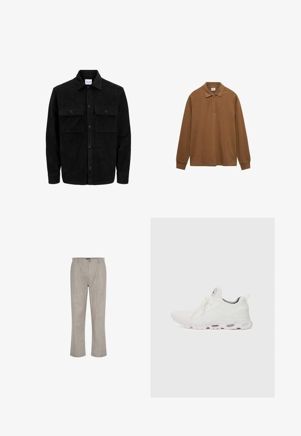 Crni kožni kord jakna na dugmad s dva prednja džepa s preklopom i klasičnim ovratnikom, dugim rukavima i rebrastom teksturom.; Smeđi pamučni dukserica s dugim rukavima, s ovratnikom, kopčanjem na gumbe i rebrastim manžetama; glatka tekstura i opušteni kroj.; Svijetlosivi laneni hlače ravnog kroja, s jednim gumbom za zatvaranje i dva prednja nabora za dodatnu detaljnost.; Bijele atletske tenisice s gornjim dijelom od teksturiranog pletenog materijala, ravnim vezicama i jastučićem u potplatu s vidljivim zračnim komorama radi dodatne potpore.