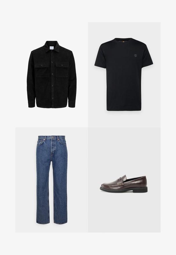 Črna kordurojska jakna z gumbi, z dvema sprednjima žepoma z zavihkom in klasičnim ovratnikom, dolgimi rokavi ter rebrasto teksturo.; Črna bombažna majica s krožnim izrezom, kratkimi rokavi in majhnim, vezenim logotipom na prsih. Gladka tekstura, klasičen kroj.; Modre kavbojkaste hlače s ravnim krojem, ki imajo kovinsko gumbno zapiranje, pet žepov in kontrastno šivanje.; Rjavi usnjeni loaferji z gladko površino, ki imajo subtilne kvačkane detajle na zgornjem delu in črno gumijasto podplato.