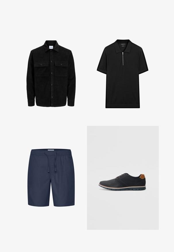 Černá kordurová košile s knoflíky, dvěma předními klopovými kapsami a klasickým límcem, dlouhými rukávy a vroubkovanou texturou.; Černé polo tričko s krátkým rukávem, stojatým límečkem a předním zipem. Vyrobeno z hladké tkaniny s čistým, minimalistickým designem.; Casual Friday CFPHELIX LINEN MIX - Šortky - navy blazer; Černé syntetické boty s texturovaným svrškem, hladkými detaily, hnědým podpatkem a kontrastní podrážkou. Obsahují minimální šněrování a švy.