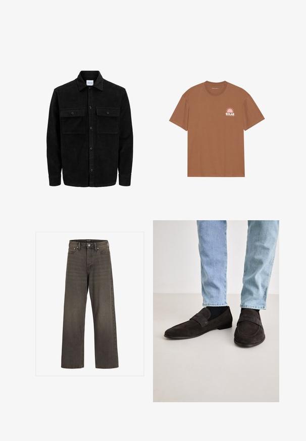 Czarna kurtka z korduru z guzikami, z dwoma przednimi kieszeniami na klapki oraz klasycznym kołnierzem, długimi rękawami i ryżowym splotem.; Brązowa koszulka z krótkim rękawem wykonana z bawełny, z różową grafiką słońca i napisem "SOLAR" na lewej piersi. Design z okrągłym dekoltem.; Szerokie dżinsy w ciemnoszarym denimu, z wysokim stanem, klasycznym pięciopocketowym wzorem i kontrastowym przeszyciem wzdłuż szwów.; Ciemnobrązowe zamszowe mokasyny z płaską podeszwą i szerokim paskiem na górze. Noszone z jasnoniebieskimi dżinsami i czarnymi skarpetkami.