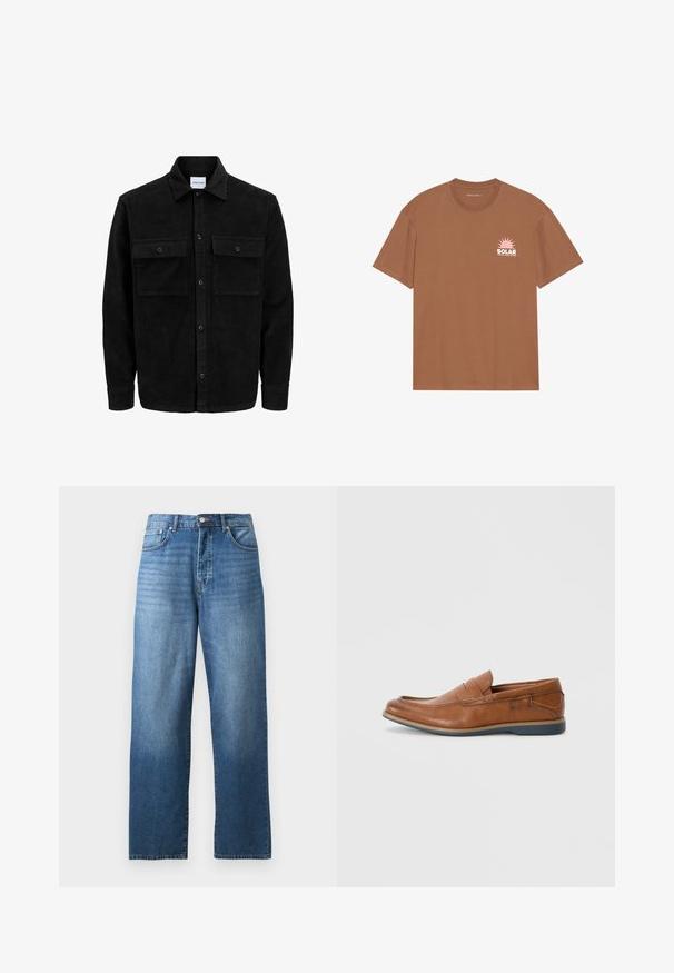 Svart kordfløyels knappjakke med to frontlommer med klaff og klassisk krage, lange ermer og ribbet tekstur.; Brun kortermet T-skjorte laget av bomull, med et rosa solgrafikk og "SOLAR" tekst på venstre bryst. Rund halsdesign.; Rett-linse jeans i blå denim med fem lommer og knappe-glidelås lukking, vist på en hvit bakgrunn.; Brune skinnloafers med rund tå, broderte detaljer og såle i gummi. Designet har et bånd over vristen.