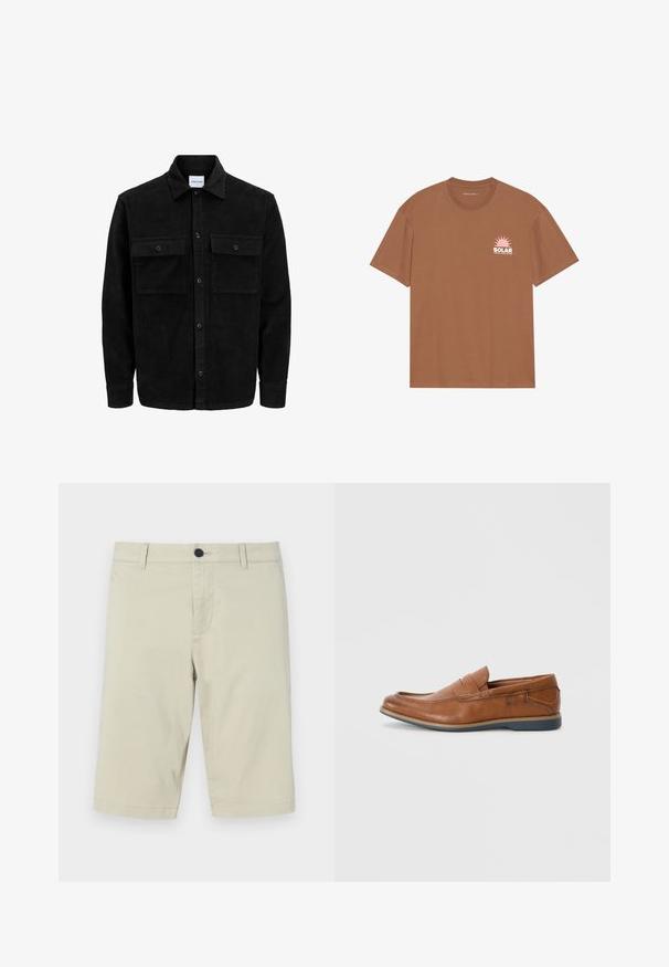 Crni kožni kord jakna na dugmad s dva prednja džepa s preklopom i klasičnim ovratnikom, dugim rukavima i rebrastom teksturom.; Smeđi kratki rukavi majica od pamuka, s rozim grafikom sunca i natpisom "SOLAR" na lijevom prsnom dijelu. Dizajn s okruglim izrezom.; Bež kratke hlače od lagane mješavine pamuka, s ravnim prednjim dijelom, petljama za pojas, čvornom zatvaranjem i rubom do koljena.; Smeđe kožne mokasine s okruglim vrhom, šivanim detaljima i niskim gumenim potplatom. Dizajn sadrži trakicu preko gornjeg dijela.
