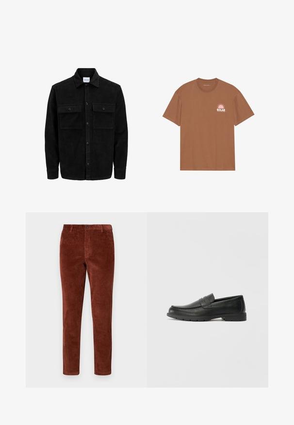 Svart kordfløyels knappjakke med to frontlommer med klaff og klassisk krage, lange ermer og ribbet tekstur.; Brun kortermet T-skjorte laget av bomull, med et rosa solgrafikk og "SOLAR" tekst på venstre bryst. Rund halsdesign.; Rustrøde kordfløjlsbukser med lige snit, der har en enkelt knaplukning og en struktureret ribbet mønster over det hele.; Svart skinnloafers med glatt finish, mokkasin-stil overdel, broderte detaljer og gummisåle. Klassisk design med lav hæl.