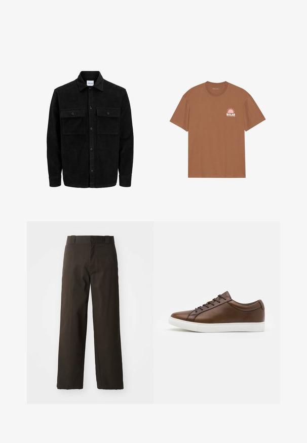 Mustmustöös nupuga jope, millel on kaks eesmist klapiga taskut ja klassikaline kaelus, pikad varrukad ning ribakujuline tekstuur.; Pruun lühikeste varrukatega T-särk, mis on valmistatud puuvillast, sisaldab roosa päikese graafikat ja "SOLAR" teksti vasakul rinnal. Ümmarguse kaelusega disain.; Mustad puuvillased püksid sirge jala disainiga, kellel on nööbi sulgemine ja klassikaline vöökoht. Sile tekstuur, ilma mustrite või aktsentideta.; Pruunid nahast tenniseketid ümarate varvastega, valge kummist tallaga ja viie nööbiga. Taga on peent brändi ilmestus.