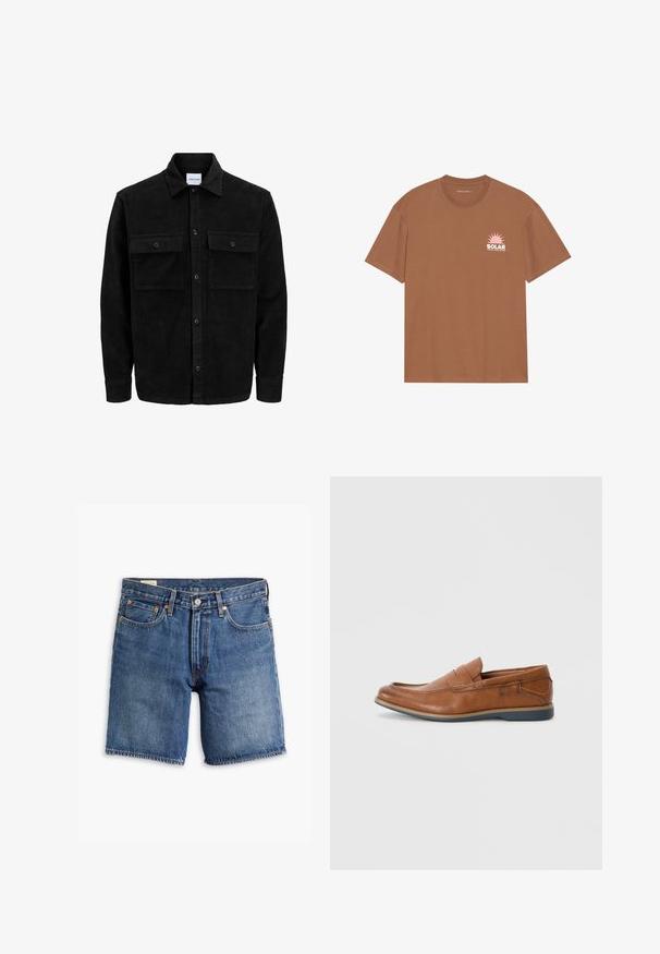 Giacca in corduroy nera con bottoni, due tasche anteriori con patta, colletto classico, maniche lunghe e texture a coste.; T-shirt marrone a maniche corte in cotone, con una grafica di un sole rosa e il testo "SOLAR" sul lato sinistro del petto. Design con scollo rotondo.; Shorts in denim in lavaggio blu medio con un design classico. Presentano cinque tasche, passanti per cintura e hardware color rame. Texture invecchiata su tutta la superficie.; Mocassini in pelle marrone con punta tondeggiante, dettagli cuciti e suola in gomma bassa. Il design presenta una banda sulla parte superiore.