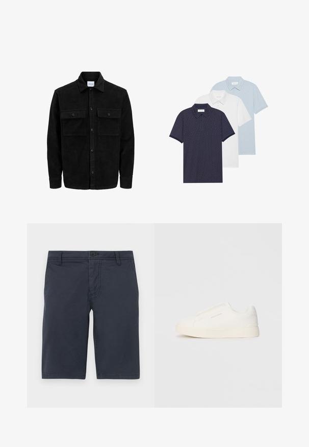 Crni kožni kord jakna na dugmad s dva prednja džepa s preklopom i klasičnim ovratnikom, dugim rukavima i rebrastom teksturom.; Trii polo majice: tamnoplava s uzorkom dijamanta, bijela i svijetloplava s točkicama. Sve imaju ovratnike i kratke rukave.; Nautički plave kratke hlače izrađene od teksturirane tkanine, s prednjim kopčanjem na dugme, petljama za pojas i standardnim bočnim džepovima.; Bijele slip-on tenisice s teksturiranom površinom, debelim đonom i minimalističkim dizajnom. Sadrže logo branda sa strane.