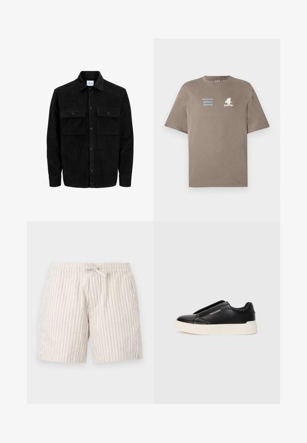 Mustmustöös nupuga jope, millel on kaks eesmist klapiga taskut ja klassikaline kaelus, pikad varrukad ning ribakujuline tekstuur.; Pruun puuvillane T-särk ümmarguse kaelusega. Ees on sinine tekst "Universal Athletic Apparel" ja valge "4th quarter" logo. Lühikesed varrukad.; Kerged beežist kangast lühikesed püksid, millel on õhukesed vertikaalsed triibud, elastne vöökoht ja dekoratiivne paelkinnitus.; Must musta kingad tekstureeritud nahast pealmise osaga, valge kummist tallaga ja nähtamatute paeltega. Küljel on brändi logo.