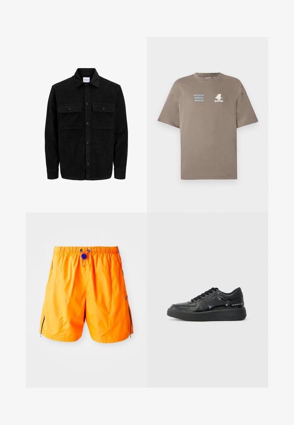 Mustat corduroy-nappi takki, jossa on kaksi etupistotaskua ja klassinen kaulus, pitkät hihat ja ribattu pinta.; Ruskea puuvillapaita, jossa on pyöreä pääntie. Edessä sininen teksti "Universal Athletic Apparel" ja valkoinen "4th quarter" -logo. Lyhyet hihat.; Oranssinväriset urheilushortsit, joissa on joustava vyötärö, säädettävä nyöri ja sivuvetoketjulliset taskut. Valmistettu sileästä, kevyestä kankaasta.; Mustat nahkakengät, joissa on sileä pinta, pyöreä kärki ja kontrastiväri musta kumipohja. Varustettu litteillä nauhoilla ja brändäyksellä sivulla.