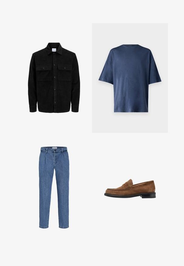 Sort fløjl button-up jakke med to frontlommer og klassisk krave, lange ærmer og ribbet tekstur.; Marineblå kortærmet T-shirt, lavet af blødt stof, har en klassisk rund hals og løs pasform, uden synlige mønstre eller accenter.; Lyseblå denimbukser med en afslappet pasform, der har høj talje, to frontfoldninger og en opfoldet nederdel. Enkel knap- og lynlåslukning.; Brune ruskinds loafers med rund tå-design, broderede detaljer på overdelen og en sort gummisål. Minimalistiske messing accenter.