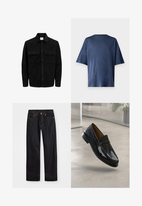 Juodas velveto mygtukų švarkas su dviem priekiniais kišenėmis su atvartais, klasikiniu apykakle, ilgomis rankovėmis ir raukšlėtu paviršiumi.; Tamsiai mėlynas trumpomis rankovėmis marškinėliai, pagaminti iš minkštos medžiagos, pasižymi klasikinio apvalaus kaklo ir laisvo kirpimo, be matomų raštų ar akcentų.; Vyrų tiesaus kirpimo juodi džinsai iš denim medžiagos, su penkiomis kišenėmis ir oranžinėmis siūlėmis, su mygtuko ir užtrauktuko uždarymu ant priekio.; Juodas lakinės odos loafers su siuvinėta akcentu, apvalia nosimi, žemu kulnu ir lygiu paviršiumi, eksponuojamas neutralioje fone.