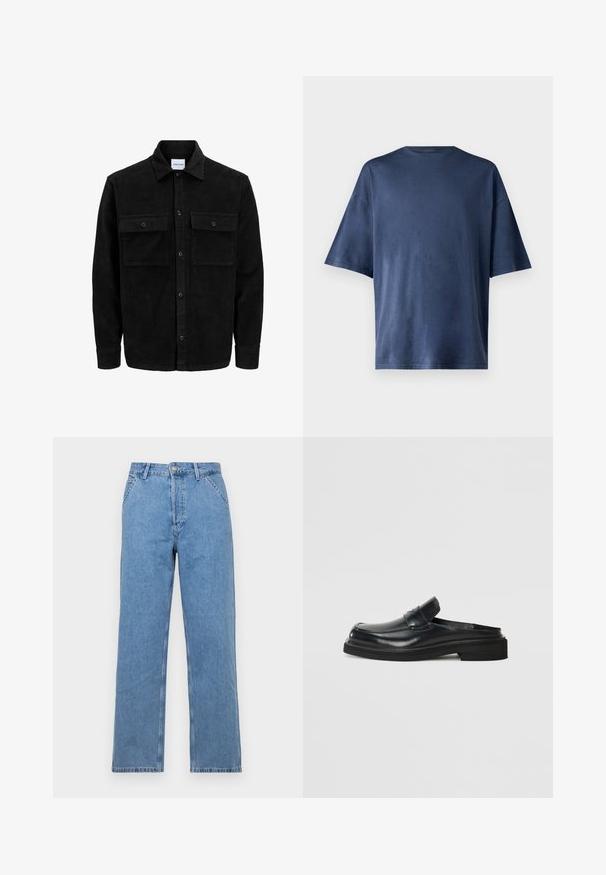 Schwarze Corduroy-Button-Up-Jacke mit zwei frontalem Klappentaschen und klassischem Kragen, langen Ärmeln und gerippter Textur.; Marineblaue Kurzarm-T-Shirt aus weichem Stoff, mit klassischen Rundhalsausschnitt und lockerer Passform, ohne sichtbare Muster oder Akzente.; Helle blaue Denim-Jeans mit geradem Bein und klassischem Fünf-Taschen-Design, ausgestattet mit einem vorderen Knopfverschluss und Gürtelschlaufen. Glatte Textur.; Schwarzer Leder-Schlüpfschuh mit runder Zehenpartie, einem erhöhten Vorderbereich und einer dicken Gummisohle. Glatte Textur mit minimalen Details.