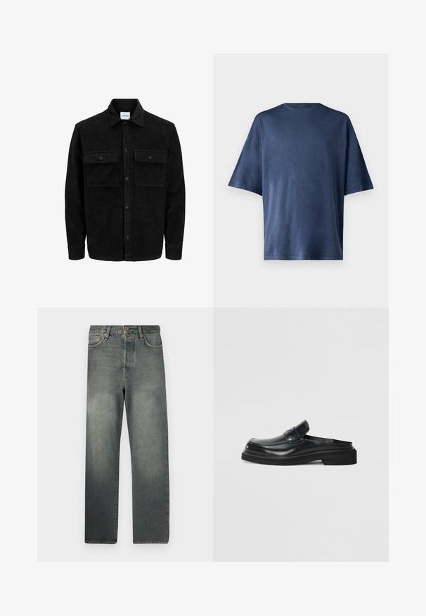 Chaqueta de pana negra con botones, dos bolsillos delanteros con solapa y un cuello clásico, mangas largas y textura acanalada.; Camiseta de manga corta azul marino, hecha de una tela suave, con un cuello redondo clásico y un corte relajado, sin patrones ni acentos visibles.; Jack & Jones JJIALEX JJCOOPER - Vaqueros baggy - black denim; Zapato negro de cuero sin cordones con puntera redondeada, un panel delantero elevado y suela de goma gruesa. Textura suave con un detalle mínimo.