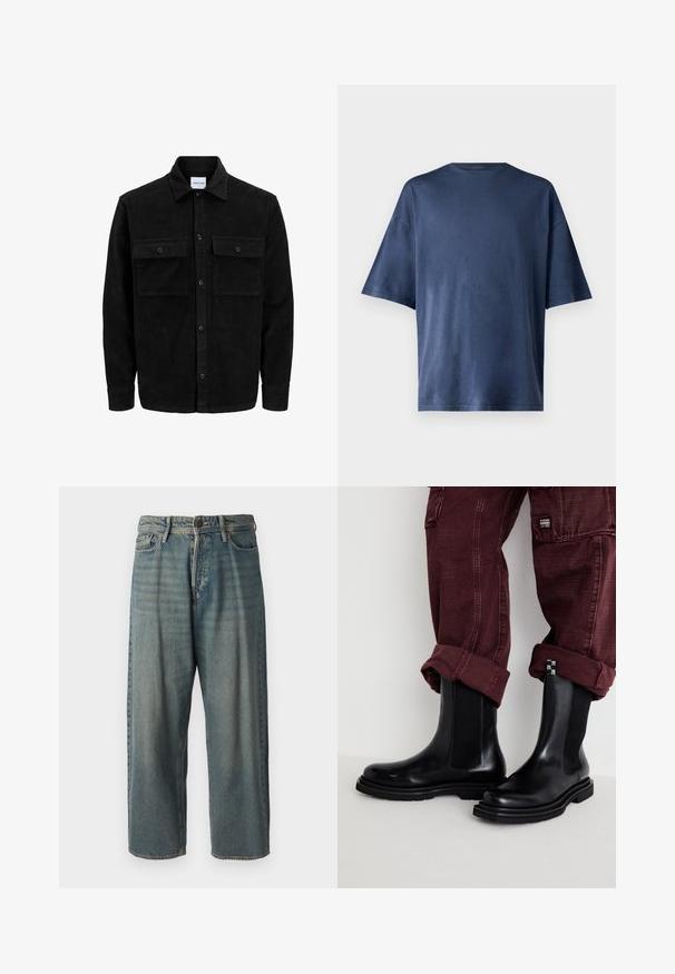 Mustat corduroy-nappi takki, jossa on kaksi etupistotaskua ja klassinen kaulus, pitkät hihat ja ribattu pinta.; T-paita tummansinisestä pehmeästä kankaasta, lyhythihainen, klassinen pyöreä kaula-aukko ja rento istuvuus, ilman näkyviä kuvioita tai yksityiskohtia.; Vaaleansiniset farkut, joissa on väljä istuvuus, keskikorkea vyötärö ja suorat lahkeet. Ominaisuuksiin kuuluvat viisi taskua, vyölenkit ja nappisulku.; Steve Madden HIGHFLYER - Saappaat - black