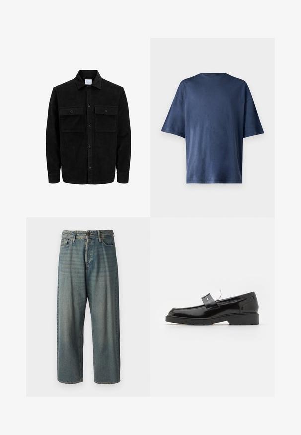 Czarna kurtka z korduru z guzikami, z dwoma przednimi kieszeniami na klapki oraz klasycznym kołnierzem, długimi rękawami i ryżowym splotem.; Granatowa koszulka z krótkim rękawem, wykonana z miękkiego materiału, z klasycznym okrągłym dekoltem i luźnym krojem, bez widocznych wzorów czy akcentów.; Jasnoniebieskie dżinsy o luźnym kroju, średnim stanie i prostych nogawkach. Posiadają pięć kieszeni, szlufki na pasek oraz zapięcie na guzik.; Czarne lakierowane loafersy z okrągłym noskiem, z akcentem w postaci srebrnej klamry oraz strukturalną czarną gumową podeszwą.