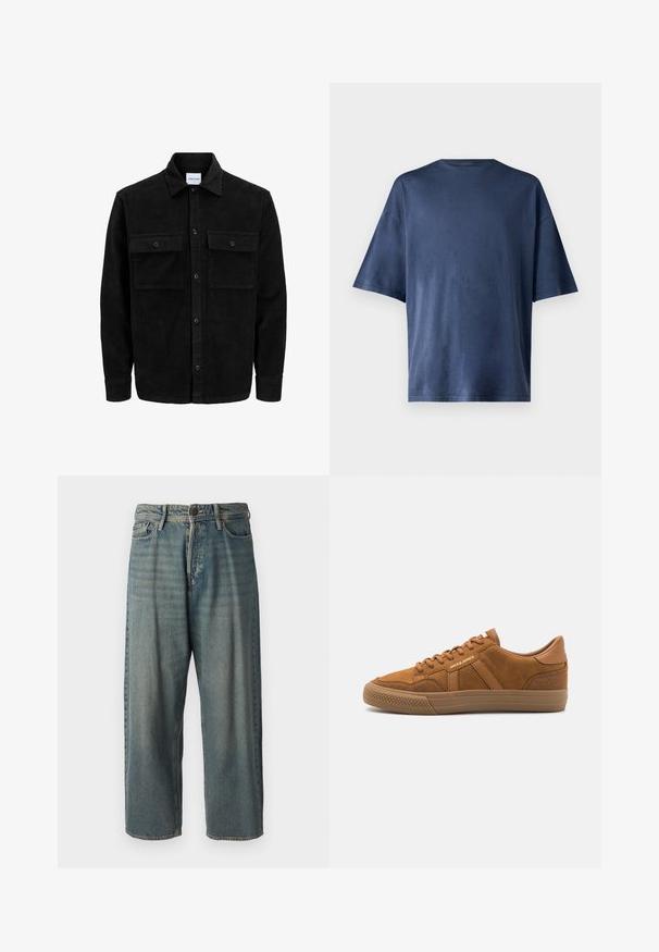 Veste en velours côtelé noire à boutons, avec deux poches à rabat à l'avant et un col classique, des manches longues et une texture côtelée.; T-shirt navy bleu à manches courtes, fabriqué en tissu doux, présente un col rond classique et une coupe décontractée, sans motifs ni accents visibles.; Jeans en denim bleu clair avec une coupe ample, taille mi-haute et jambes droites. Comprend cinq poches, des passants de ceinture et une fermeture à bouton.; Jack & Jones JFWMORDEN  - Baskets basses - cognac