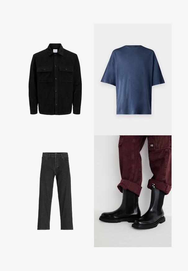 Černá kordurová košile s knoflíky, dvěma předními klopovými kapsami a klasickým límcem, dlouhými rukávy a vroubkovanou texturou.; Tmavě modré tričko s krátkým rukávem, vyrobené z měkké tkaniny, má klasický kulatý výstřih a volný střih, bez viditelných vzorů nebo akcentů.; Černé džíny s rovnými nohavicemi, s zipem na přední části, poutky na pásek a šesti kapsami, vyrobené z odolné bavlněné směsi.; Steve Madden HIGHFLYER - Vysoká obuv - black