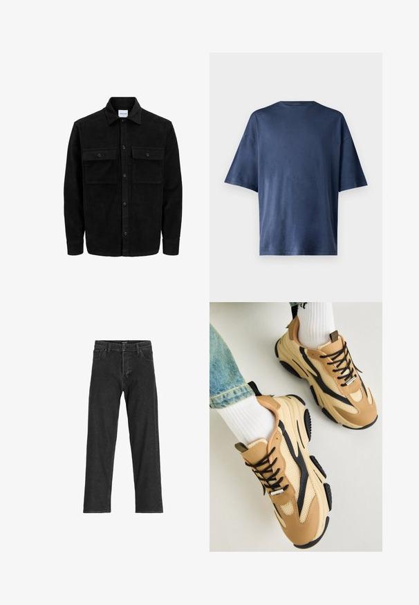 Schwarze Corduroy-Button-Up-Jacke mit zwei frontalem Klappentaschen und klassischem Kragen, langen Ärmeln und gerippter Textur.; Marineblaue Kurzarm-T-Shirt aus weichem Stoff, mit klassischen Rundhalsausschnitt und lockerer Passform, ohne sichtbare Muster oder Akzente.; Schwarze Jeans aus Denim mit geradem Bein, ausgestattet mit einem Reißverschluss, Gürtelschlaufen und sechs Taschen, gefertigt aus einem robusten Baumwollmischgewebe.; Steve Madden POSSESS - Sneaker low - khaki