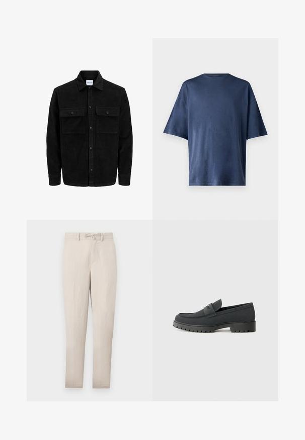 Čierna kordúrová bunda s gombíkmi, dvoma prednými vreckami so záklopkou a klasickým golierom, dlhými rukávmi a ryhovanou textúrou.; Námornícky modré tričko s krátkym rukávom, vyrobené z mäkkej látky, má klasický okrúhly výstrih a voľný strih, bez viditeľných vzorov či akcentov.; Svetlá béžová ľahká tapered nohavice s elastickým pásom, rovnými prednými časťami a minimálnymi vráskami. Obsahujú pútka na opasok a bočné vrecká.; Čierna mokasína s hladkým, matným povrchom, s okrúhlou špičkou a hrubou, textúrovanou podrážkou. Ozdobená predným pásikom.