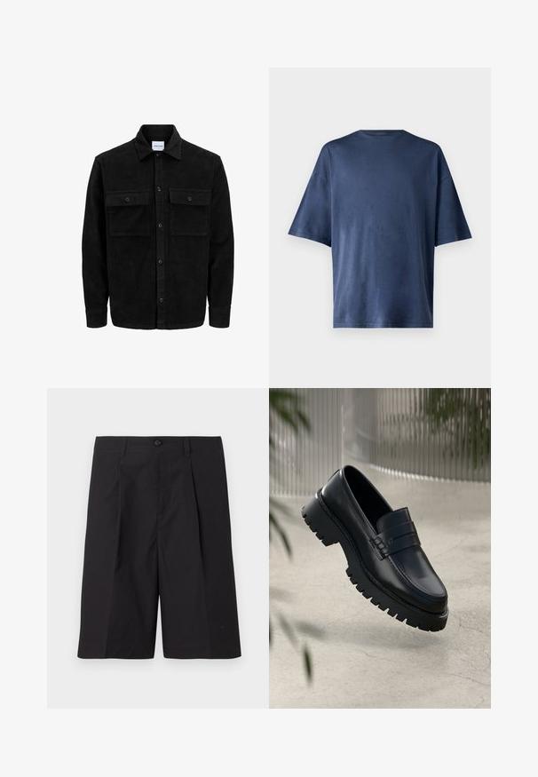 Mustmustöös nupuga jope, millel on kaks eesmist klapiga taskut ja klassikaline kaelus, pikad varrukad ning ribakujuline tekstuur.; Tumesinine lühikeste varrukatega T-särk, valmistatud pehmest kangast, omab klassikalist ümarat kaelust ja mugavat lõiget, ilma nähtavate mustrite või aktsentideta.; Mustad musta värvi lühikesed püksid, mis on valmistatud kergest kangast, plekkide ja nööbiga kinnituse ning sirge hemiga. Sile tekstuur ja nähtamatud mustrid.; Mustad nahkseid loafereid paksu tallaga, kaunistatud rihma ja õmbluse detailidega. Siledat tekstuuri kaunistab läikiv viimistlus.