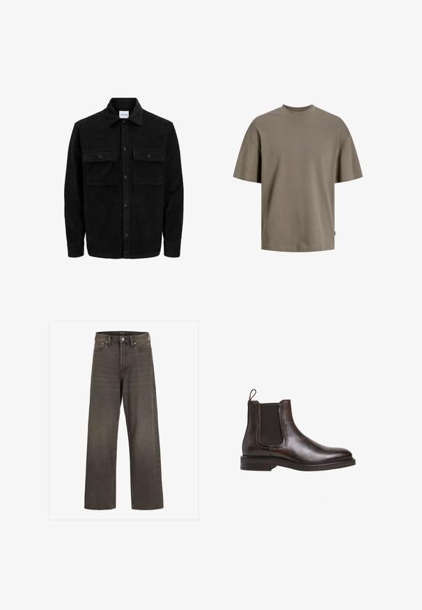 Chaqueta de pana negra con botones, dos bolsillos delanteros con solapa y un cuello clásico, mangas largas y textura acanalada.; Camiseta de algodón en un verde oliva suave; presenta un cuello redondo, mangas cortas y un corte relajado con un detalle de costura mínimo.; Jeans de pierna ancha en denim gris oscuro, con una cintura alta, diseño clásico de cinco bolsillos y costuras en contraste a lo largo de las costuras.; Botín Chelsea de cuero marrón con paneles laterales elásticos, tirador en bucle y un tacón bajo apilado. Textura suave y silueta elegante.