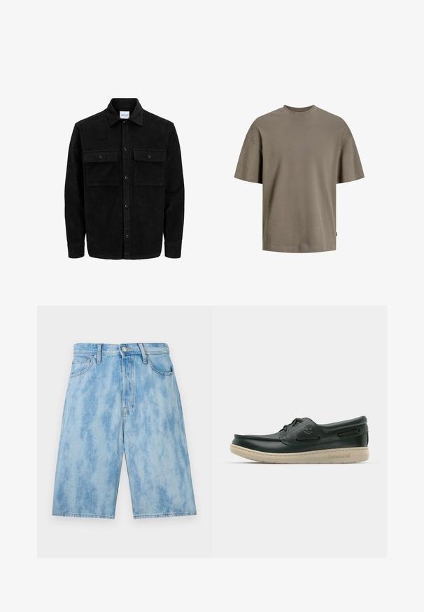 Chaqueta de pana negra con botones, dos bolsillos delanteros con solapa y un cuello clásico, mangas largas y textura acanalada.; Camiseta de algodón en un verde oliva suave; presenta un cuello redondo, mangas cortas y un corte relajado con un detalle de costura mínimo.; Shorts de denim azul claro con un lavado desgastado, con una cinturilla estándar, bolsillos frontales y un corte suelto. Sin patrones visibles ni herrajes.; Zapato de barco de cuero verde con puntera redondeada, detalles de costura, pequeños ojetes y una suela de goma blanca con el logo de Timberland.