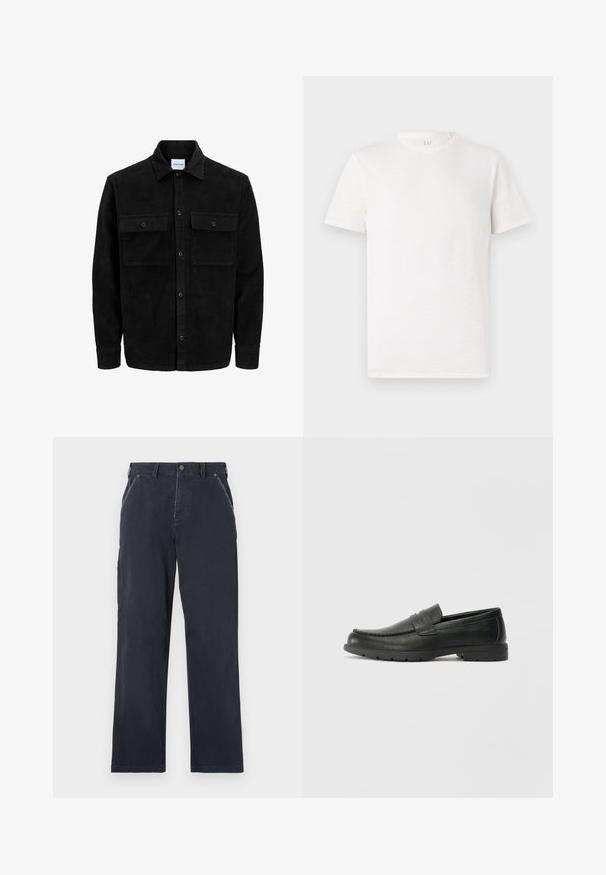 Čierna kordúrová bunda s gombíkmi, dvoma prednými vreckami so záklopkou a klasickým golierom, dlhými rukávmi a ryhovanou textúrou.; Tričko s krátkym rukávom a okrúhlym výstrihom v slonovinovej farbe, vyrobené z mäkkej bavlnenej zmesi s jemne textúrovaným povrchom a bez viditeľných vzorov či akcentov.; Námornícky modré bavlnené nohavice s rovnými nohavicami. Obsahujú predné vrecká, gombíkový zatvárací mechanizmus a viditeľné detaily šitia.; Čierne kožené mokasíny s hladkým povrchom, vrchnou časťou v štýle mokasín, prešitým detailom a gumovou podrážkou. Klasický dizajn s nízkym podpätkom.