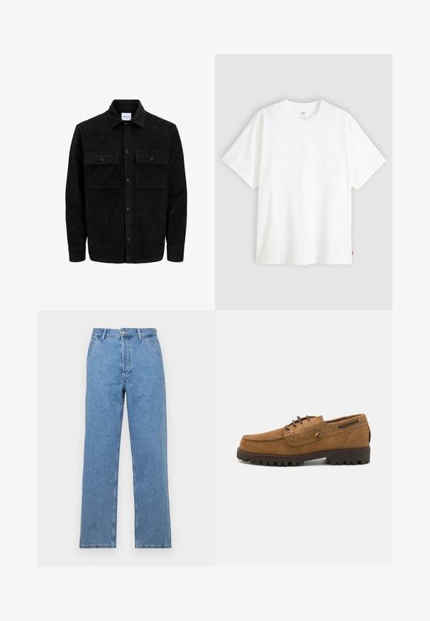 Veste en velours côtelé noire à boutons, avec deux poches à rabat à l'avant et un col classique, des manches longues et une texture côtelée.; T-shirt blanc à manches courtes en coton avec col rond. Présente un détail de logo en relief discret à l'avant et une étiquette rouge à l'ourlet.; Jean en denim bleu clair à jambes droites avec un design classique à cinq poches, doté d'une fermeture à bouton à l'avant et de passants de ceinture. Texture lisse.; Chaussures en daim marron avec un orteil arrondi, des accents en fil contrastés et une semelle en caoutchouc texturée dotée de rainures profondes pour une meilleure adhérence.