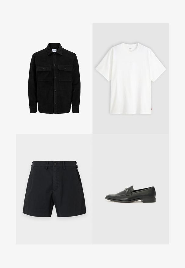 Veste en velours côtelé noire à boutons, avec deux poches à rabat à l'avant et un col classique, des manches longues et une texture côtelée.; T-shirt blanc à manches courtes en coton avec col rond. Présente un détail de logo en relief discret à l'avant et une étiquette rouge à l'ourlet.; Shorts en coton noir avec une taille à boutons, des poches latérales et une coupe droite. Texture lisse avec un esthétique minimaliste.; Mocassin en cuir noir avec une finition lisse, présentant un design cousu et une accent décoratif en chaîne métallique sur le rand. Talon plat.