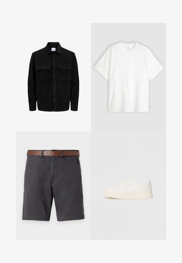 Veste en velours côtelé noire à boutons, avec deux poches à rabat à l'avant et un col classique, des manches longues et une texture côtelée.; T-shirt blanc à manches courtes en coton avec col rond. Présente un détail de logo en relief discret à l'avant et une étiquette rouge à l'ourlet.; Shorts en coton gris foncé avec une ceinture en cuir marron, des poches avant et des détails de couture sur l'ourlet.; Baskets blanches sans lacets avec une surface texturée, une semelle épaisse et un design minimaliste. Présente le logo de la marque sur le côté.