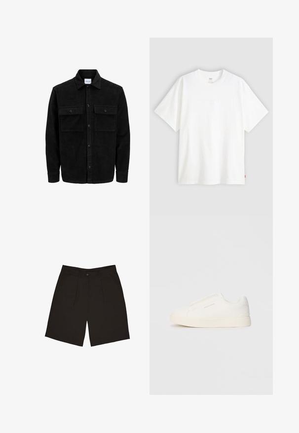 Zwarte corduroy knopenjack met twee voorste klepzakken en een klassieke kraag, lange mouwen en ribbelstructuur.; Witte pique t-shirt met korte mouwen van katoen en een ronde hals. Heeft een subtiele reliëf logo-detail aan de voorkant en een rood label aan de zoom.; Zwarte shorts van een gladde stof, met een enkele knoop aan de voorkant, plooien en zijzakken, ontworpen voor een relaxte pasvorm.; Witte instap sneakers met een gestructureerd oppervlak, een dikke zool en een minimalistisch ontwerp. Bevat het merklogo aan de zijkant.
