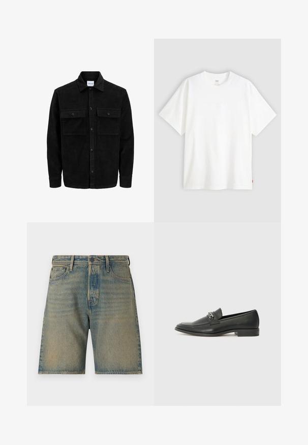 Mustat corduroy-nappi takki, jossa on kaksi etupistotaskua ja klassinen kaulus, pitkät hihat ja ribattu pinta.; Valkoinen lyhythihainen t-paita, joka on valmistettu puuvillasta ja jossa on pyöreä pääntie. Etupuolella on hienovarainen kohokuvioitu logo ja helmassa punainen etiketti.; Vaatehousut vaaleansinisestä denimistä, joissa on haalistunut pesu. Sisältää viisi taskua, vetoketjukiinnitys, nappikiinnitys ja vahvat tikkaukset reunoilla.; Musta nahkakengät, joissa on sileä pinta, koristeelliset ompeleet ja metalliketjun yksityiskohta kengän päällä. Littee korko.