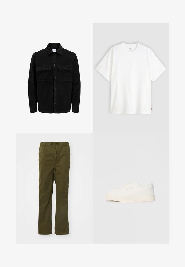 Mustmustöös nupuga jope, millel on kaks eesmist klapiga taskut ja klassikaline kaelus, pikad varrukad ning ribakujuline tekstuur.; Valge lühikeste varrukatega puuvillane T-särk, millel on ümmargune kaelus. Ees on peene reljeefse logoga detail ja hemmi peal punane silt.; Oliiviroheline puuvillane cargo-püksid, millel on nööriga vöökoht, sirged sääred, küljetaskud ja sile tekstuur.; Valged libisemiskindlad tossud tekstuuriga pinnaga, paksu tallaga ja minimalistikus disainis. Küljel on brändi logo.