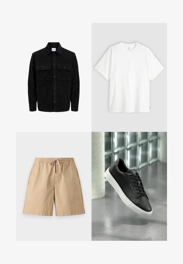 Crni kožni kord jakna na dugmad s dva prednja džepa s preklopom i klasičnim ovratnikom, dugim rukavima i rebrastom teksturom.; Bijela kratka majica od pamuka s okruglim izrezom. Sadrži suptilni reljefni logo detalj sprijeda i crvenu oznaku na rubu.; Bež pamučne kratke hlače s elastičnim pojasom i podesivom vezicom, s bočnim džepovima i opuštenim fitom. Glatka tekstura, dužine do koljena.; Crne kožne tenisice s bijelim gumena potplatom, okruglim prstima i vezanjem. Imaju glatku teksturu i suptilni brend na jeziku.