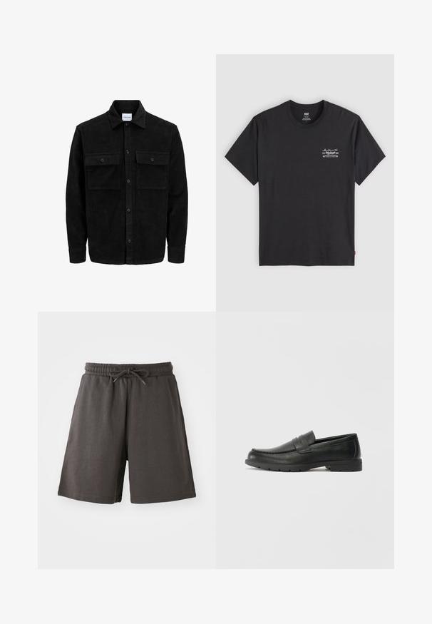 Crni kožni kord jakna na dugmad s dva prednja džepa s preklopom i klasičnim ovratnikom, dugim rukavima i rebrastom teksturom.; Crna pamučna majica kratkih rukava s okruglim izrezom. Ima mali bijeli grafički print na lijevoj strani prsiju. Glatka tekstura.; Tamno sivi šortsi od mekog materijala, s elastičnim pojasom, podesivom vezicom i krojem do koljena. Glatka tekstura, bez uzoraka.; Crne kožne mokasine s glatkom površinom, gornji dio u stilu mokasina, ojačani šavovi i gumeni potplat. Klasičan dizajn s niskom petom.