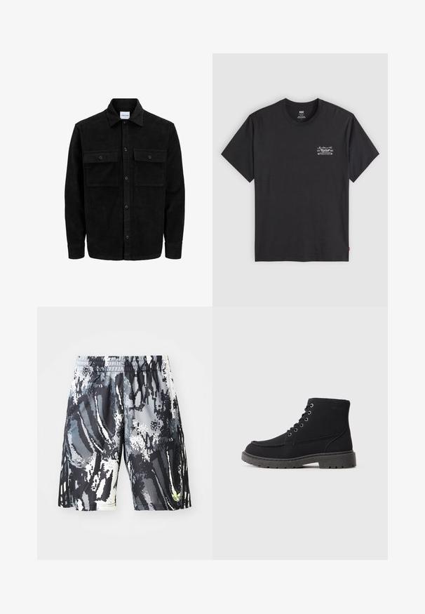 Melnas kordūru pogu jaka ar divām priekšējām atloka kabatām un klasisku apkakli, garām piedurknēm un ribotu tekstūru.; Melna kokvilnas t-krekls ar īsām piedurknēm un apaļu kaklu. Ar mazām baltām grafikām uz kreisās krūts. Gluda tekstūra.; Melnas un pelēkas svītrainas sporta šorti ar gumiju viduklī, ar digitālu abstraktu dizainu un nelielu neona akcentu.; Melni potītes zābaki, izgatavoti no teksturēta materiāla, ar plakanu zoli, apaļu purngali un sešām acīm lace. Pastiprināta šuvju gar mala.