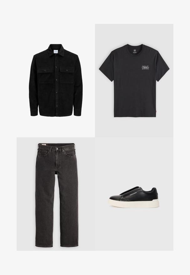 Svart kordfløyels knappjakke med to frontlommer med klaff og klassisk krage, lange ermer og ribbet tekstur.; Svart bomulls t-skjorte med korte ermer og rund hals. Har et lite hvitt grafisk trykk på venstre bryst. Glatt tekstur.; Sorte denimbukser med rett bendesign, fem lommer og metallbeslag. Stoffet har en lett tekstur og en ensfarget finish.; Sorte slip-on joggesko med teksturert læroverdel, hvit gummisåle og ingen synlige snører. Har merkevarelogo på siden.