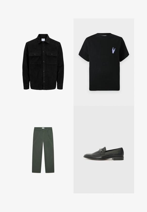 Svart kordfløyels knappjakke med to frontlommer med klaff og klassisk krage, lange ermer og ribbet tekstur.; Svart bomull T-skjorte med korte ermer, med en liten lilla grafikkdetalj på venstre brystområde. Enkel, boksformet design.; Mørkegrønne bomullsbukser med rett ben-design, frontlommer og knappelukking i livet. Jevn tekstur, uten mønster.; Sorte skinnloafers med en glatt finish, og med en sydd design og en dekorativ metallkjedeakcent over foten. Flat hæl.