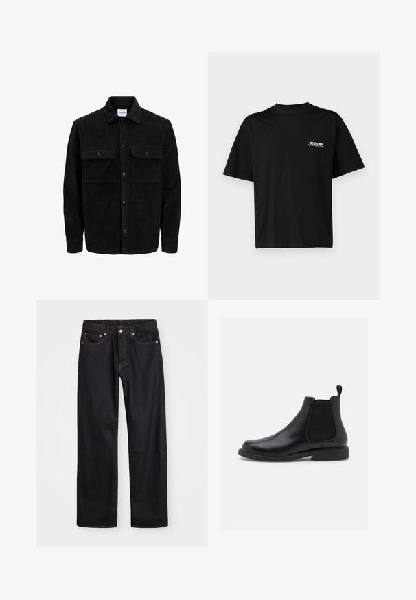 Crni kožni kord jakna na dugmad s dva prednja džepa s preklopom i klasičnim ovratnikom, dugim rukavima i rebrastom teksturom.; Crna pamukasta majica s kratkim rukavima, okruglim izrezom i printom na lijevoj prednjoj strani u bijelom i zlatnom tekstu, s ležernim krojem.; Muške traperice ravnog kroja, crne boje, s pet džepova i narančastim šavovima, sa zatvaranjem na dugme i patentni zatvarač na prednjem dijelu struka.; Crne kožne Chelsea čizme sa elastičnim bočnim panelima, zaobljenim vrhom, ravnim gumenim đonom i rupom za povlačenje na stražnjoj strani. Cjelokupna površina je glatka.