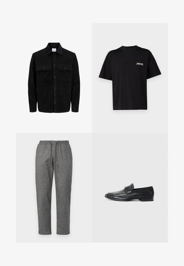Juodas velveto mygtukų švarkas su dviem priekiniais kišenėmis su atvartais, klasikiniu apykakle, ilgomis rankovėmis ir raukšlėtu paviršiumi.; Juodas medvilnės marškinėliai trumpomis rankovėmis, apvaliu kaklu ir baltu bei auksiniu tekstu ant kairiojo krūtinės šono, pasižymintys laisvu siluetu.; Pilki, megzti sportiniai džinsai su raišteliu juosmenyje, siaurėjančiomis kojomis ir subtiliu tekstūriniu raštu visame audinyje.; Juodos odinės loafers tipo bateliai su suapvalintu špižiku, siuvinėtomis detalėmis, plačia juosta per pėdos viršų ir žemu, plokščiu kulnu. Lygi apdaila.