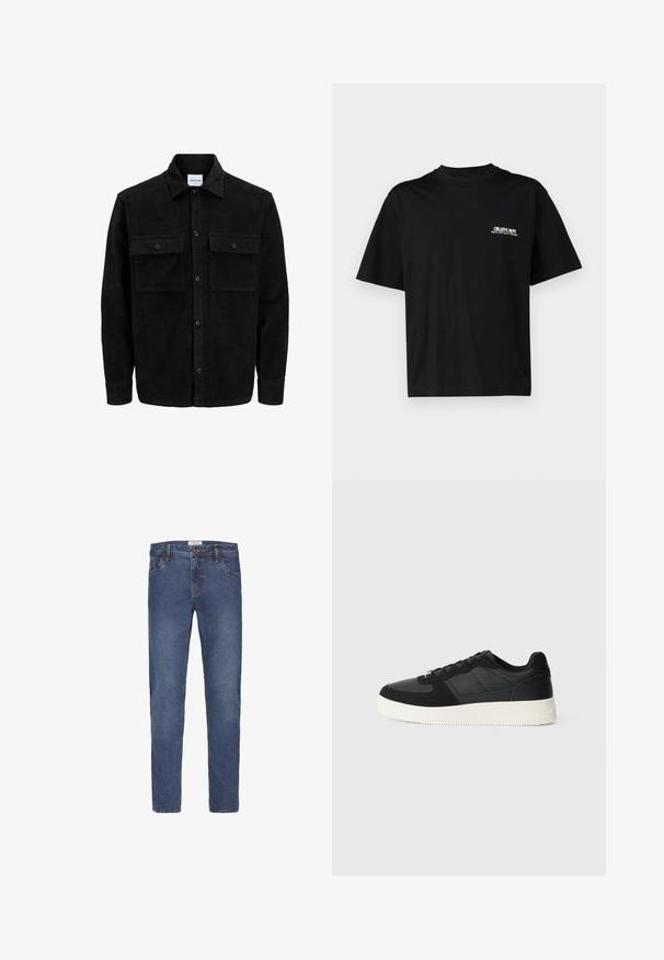 Mustmustöös nupuga jope, millel on kaks eesmist klapiga taskut ja klassikaline kaelus, pikad varrukad ning ribakujuline tekstuur.; Must musta T-särk lühikeste varrukatega, ümar kaelus ja valge ja kuldse tekstiga vasakul rinnal trükk, millel on mugav lõige.; Tumesinise tooniga teksad, sirge lahendusega, viie taskuga ja kontrastse õmblemisega. Kinnitatakse nööbi ja tõmblukuga.; Mustmustel musta madal sneaker tekstuuriga nahast ja sametist paneelidega, valge kummitald ja mustad suledega, lihtsal heledal taustal.