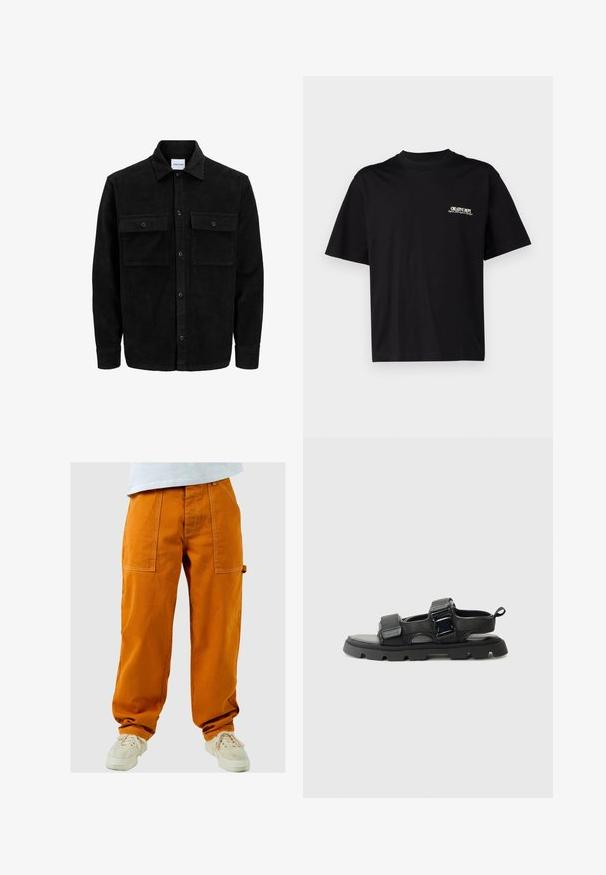 Melnas kordūru pogu jaka ar divām priekšējām atloka kabatām un klasisku apkakli, garām piedurknēm un ribotu tekstūru.; Melna kokvilnas T-kreklu ar īsām piedurknēm, apaļu kakla izgriezumu un baltu un zeltītu tekstu drukāšanu kreisajā krūtīs, ar brīvu piegriezumu.; Oranžās kravas bikses ar brīvu piegriezumu, kurām ir vairāki kabatas un kontrastējoša šuvuma. Valkātas kopā ar baltām kedām.; Melni sandales ar teksturētu auduma virsļu, platām siksnām, metāla sprādzi un biezām gumijas zolem ar rakstu.